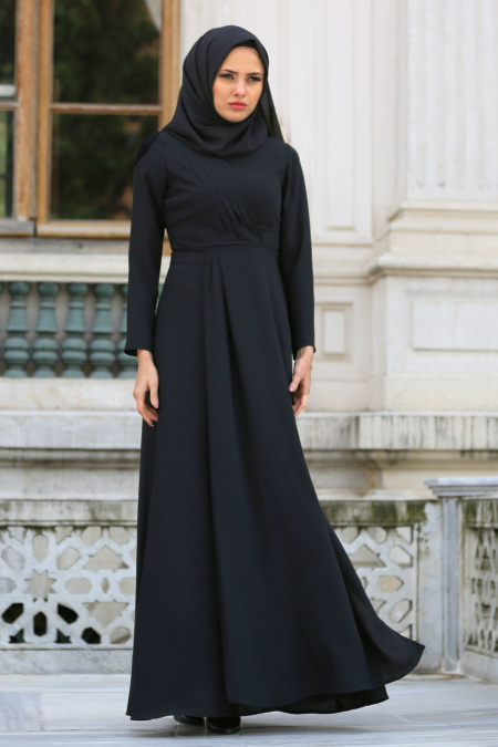 Tuay - Nervür Detaylı Siyah Tesettür Elbise 2334S
