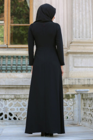 Tuay - Nervür Detaylı Siyah Tesettür Elbise 2334S - Thumbnail