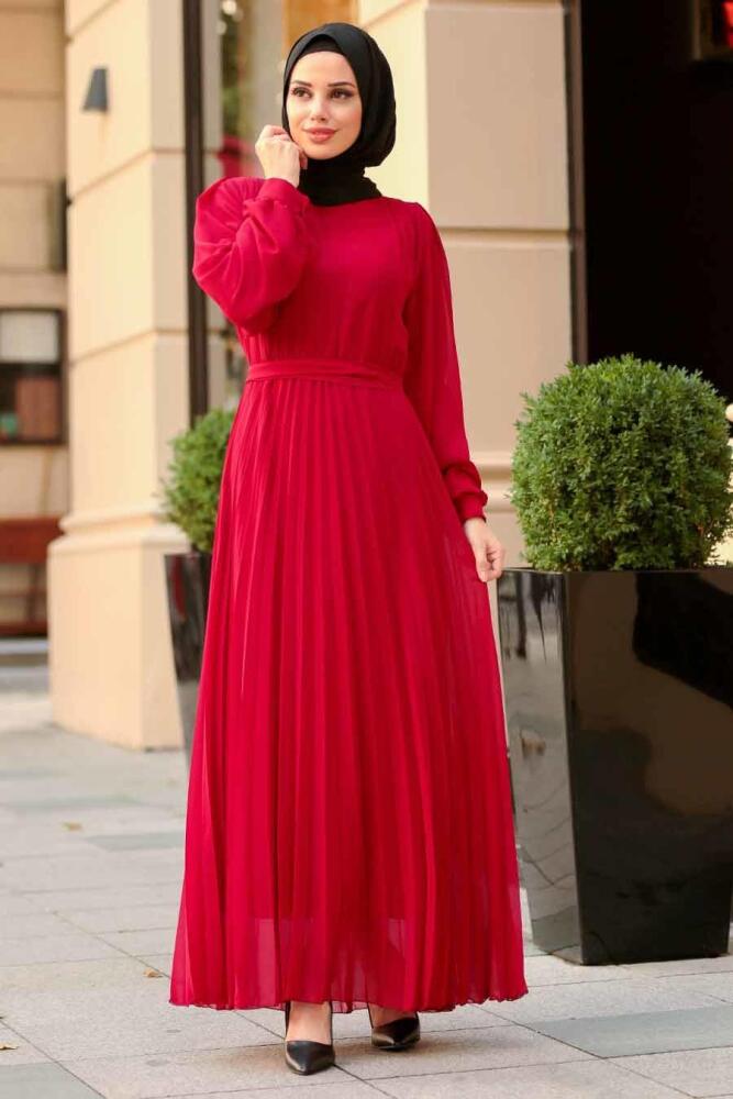 Tuay - Piliseli Bordo Tesettür Elbise 30760BR - 1