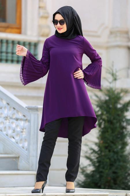 Tuay - Pliseli Volan Kol Mor Tesettür Tunik 2602MOR - 1