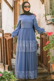 Tuay - Puantiyeli İndigo Mavisi Tesettür Elbise 31650IM - Thumbnail