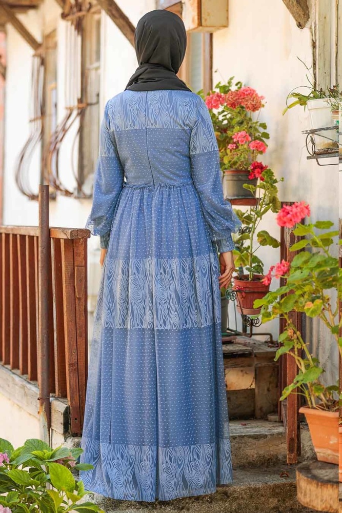 Tuay - Puantiyeli İndigo Mavisi Tesettür Elbise 31650IM - 3