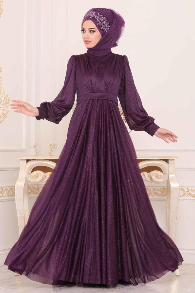 Tuay - Simli Mor Tesettür Abiye Elbise 30632MOR - 1