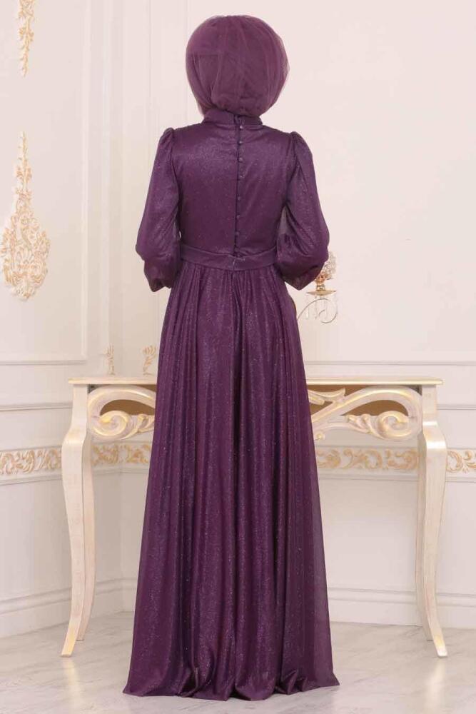 Tuay - Simli Mor Tesettür Abiye Elbise 30632MOR - 2