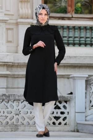Tuay - Yakalı Siyah Tesettür Tunik 2204S - 1