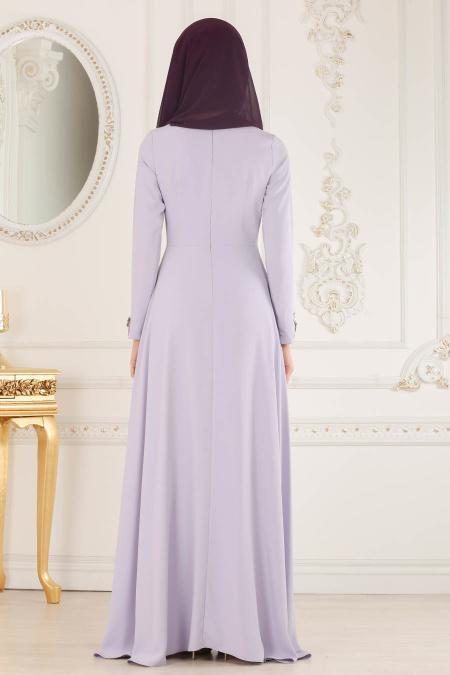 Tuay - Yakası Detaylı Lila Tesettür Abiye Elbise 2401LILA - 3