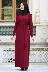 Tuay - Yakası Fırfırlı Vişne Tesettür Elbise 7204VSN - Thumbnail