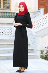 Tuay - Yakası Fırfırlı Siyah Tesettür Elbise 7204S - Thumbnail