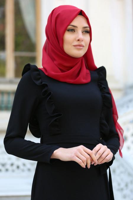 Tuay - Yakası Fırfırlı Siyah Tesettür Elbise 7204S - 2