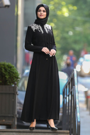 Tuay - Yakası Nakışlı Siyah Tesettür Elbise 2196S - Thumbnail