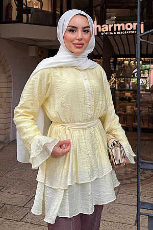 Tül Modal Fırfır Kol Sarı Tesettür Tunik 95724SR - 2