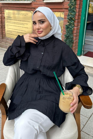 Tül Modal Fırfır Kol Siyah Tesettür Tunik 95724S - 2