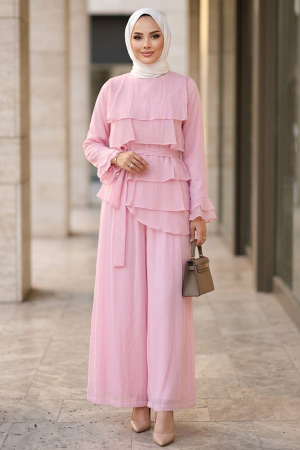 Tül Modal Pembe Fırfırlı Tesettür İkili Takım 95723P 