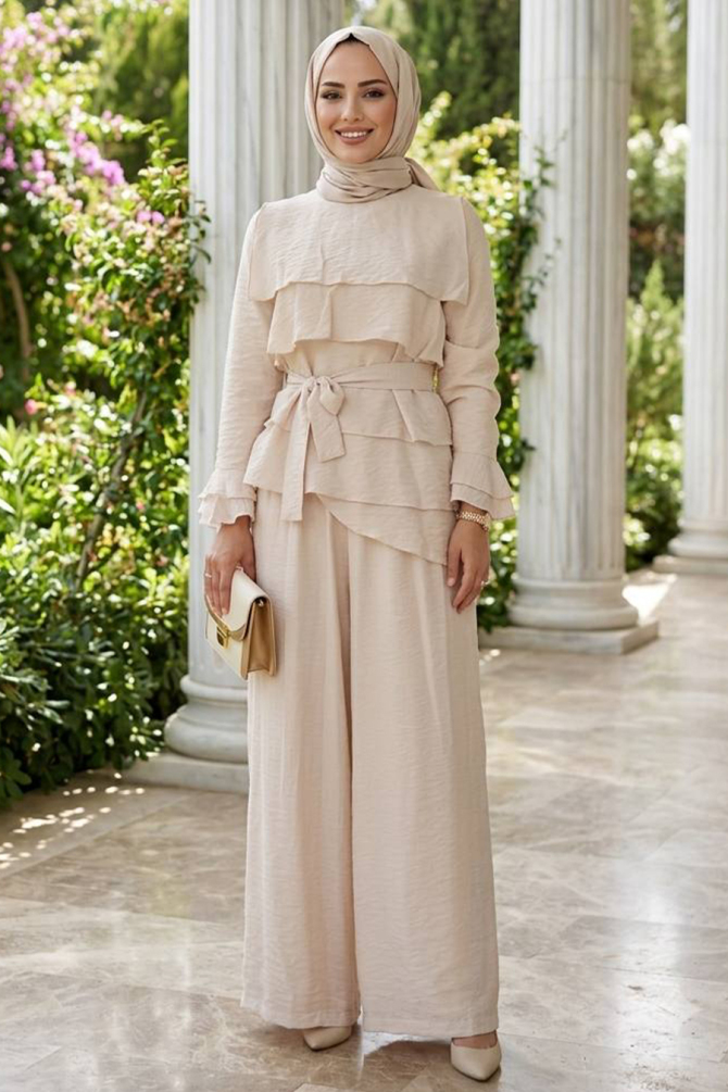 Tulle Modal Beige Ruffled Modest Two-Piece Set 95728BEJ - 1