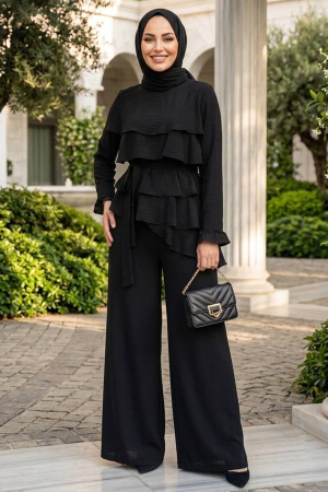Tulle Modal Black Ruffled Modest Two-Piece Set 95728S 