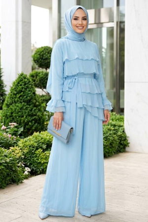 Tulle Modal Blue Ruffled Modest Two-Piece Set 95723M 