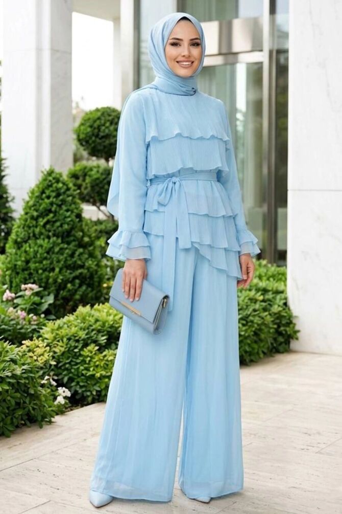 Tulle Modal Blue Ruffled Modest Two-Piece Set 95723M - 1