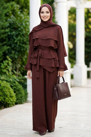 Tulle Modal Brown Ruffled Modest Two-Piece Set 95728KH 