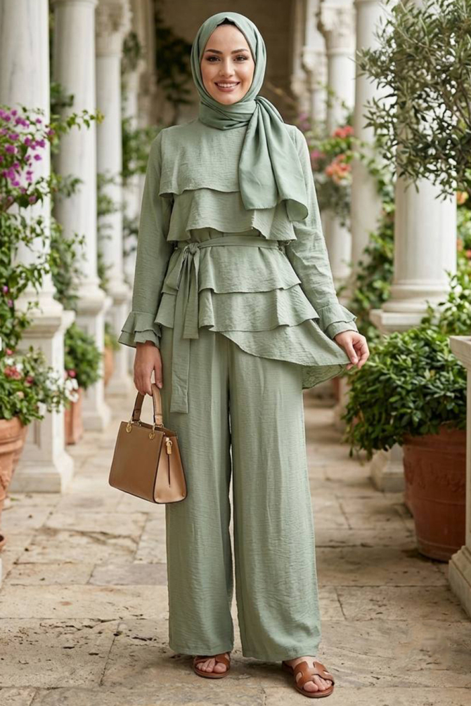 Tulle Modal Mint Ruffled Modest Two-Piece Set 95728MINT - 1