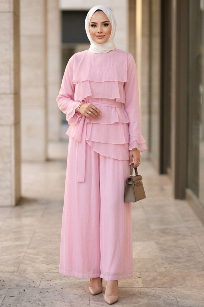 Tulle Modal Pink Ruffled Modest Two-Piece Set 95723P - 2