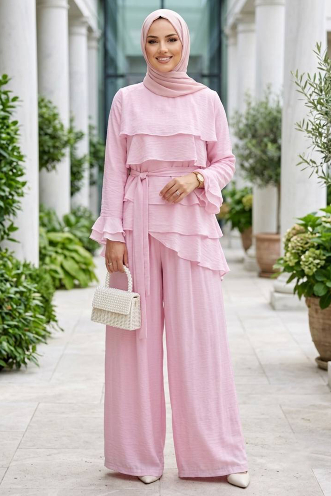 Tulle Modal Pink Ruffled Modest Two-Piece Set 95728BP - 1