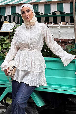 Tulle Modal Ruffle Sleeve Beige Modest Tunic 95724BEJ - 1
