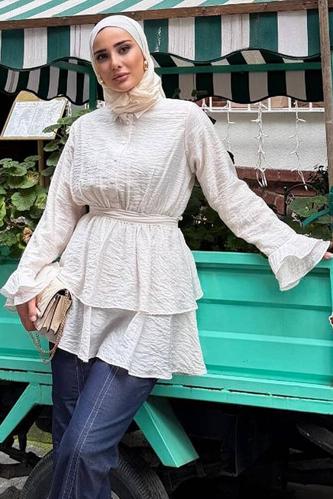 Tulle Modal Ruffle Sleeve Beige Modest Tunic 95724BEJ - 1