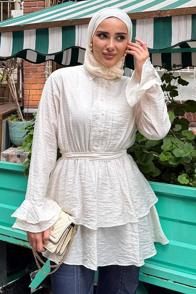 Tulle Modal Ruffle Sleeve Beige Modest Tunic 95724BEJ - 2