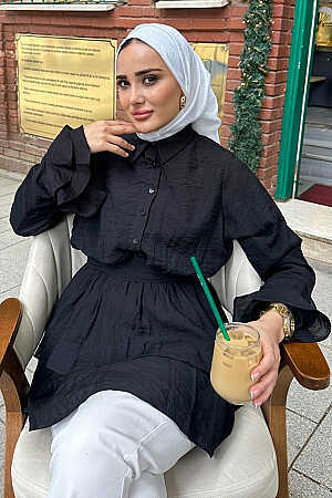 Tulle Modal Ruffle Sleeve Black Modest Tunic 95724S 
