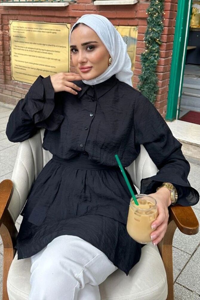Tulle Modal Ruffle Sleeve Black Modest Tunic 95724S - 1