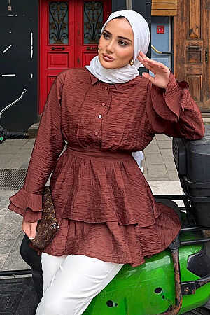 Tulle Modal Ruffle Sleeve Brown Modest Tunic 95724KH 