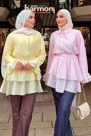 Tulle Modal Ruffle Sleeve Pink Modest Tunic 95724P - 3