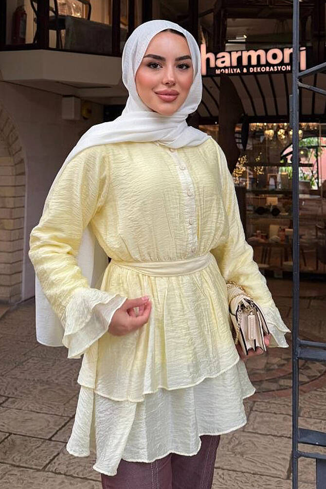Tulle Modal Ruffle Sleeve Yellow Modest Tunic 95724SR - 2