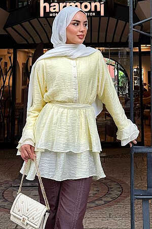 Tulle Modal Ruffle Sleeve Yellow Modest Tunic 95724SR - 3