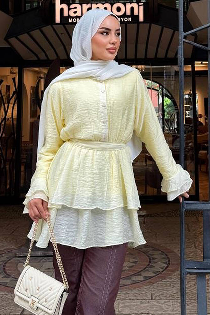 Tulle Modal Ruffle Sleeve Yellow Modest Tunic 95724SR - 3
