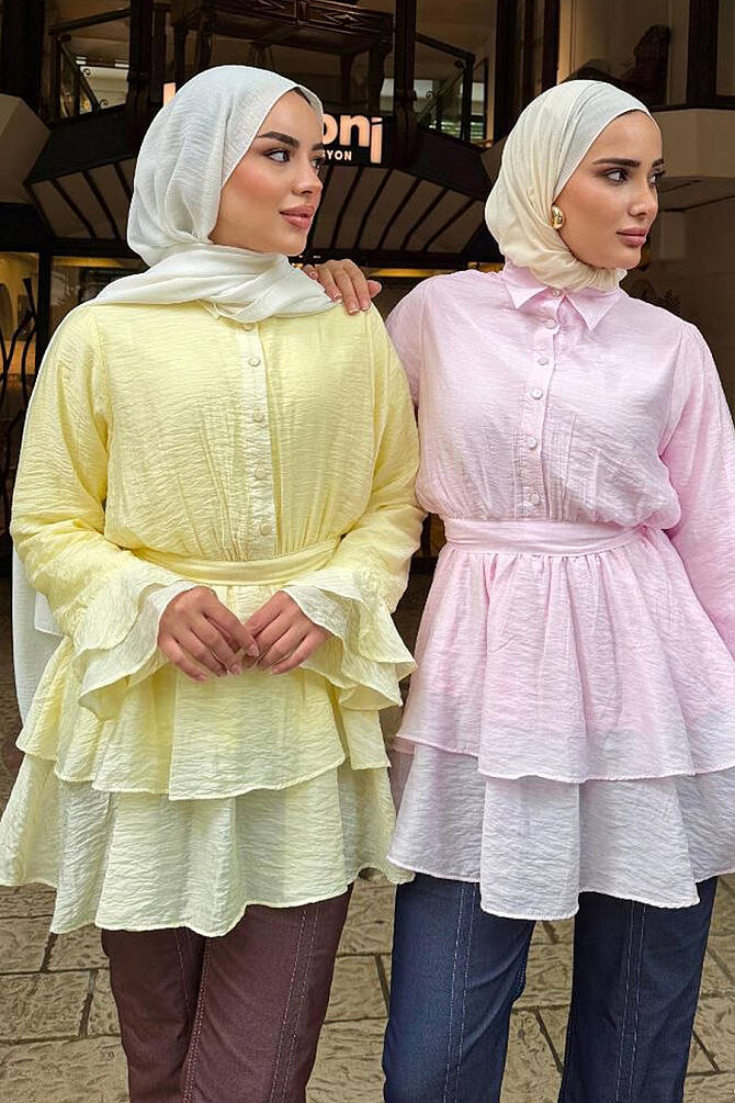 Tulle Modal Ruffle Sleeve Yellow Modest Tunic 95724SR - 4