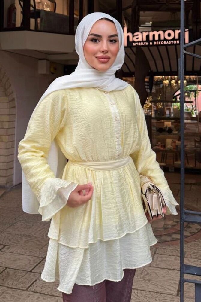 Tulle Modal Ruffle Sleeve Yellow Modest Tunic 95724SR - 1