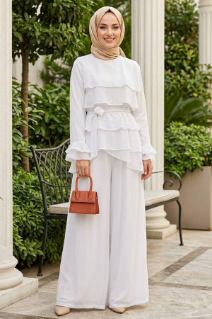 Tulle Modal White Ruffled Modest Two-Piece Set 95723B 