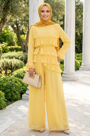Tulle Modal Yellow Ruffled Modest Two-Piece Set 95723SR 