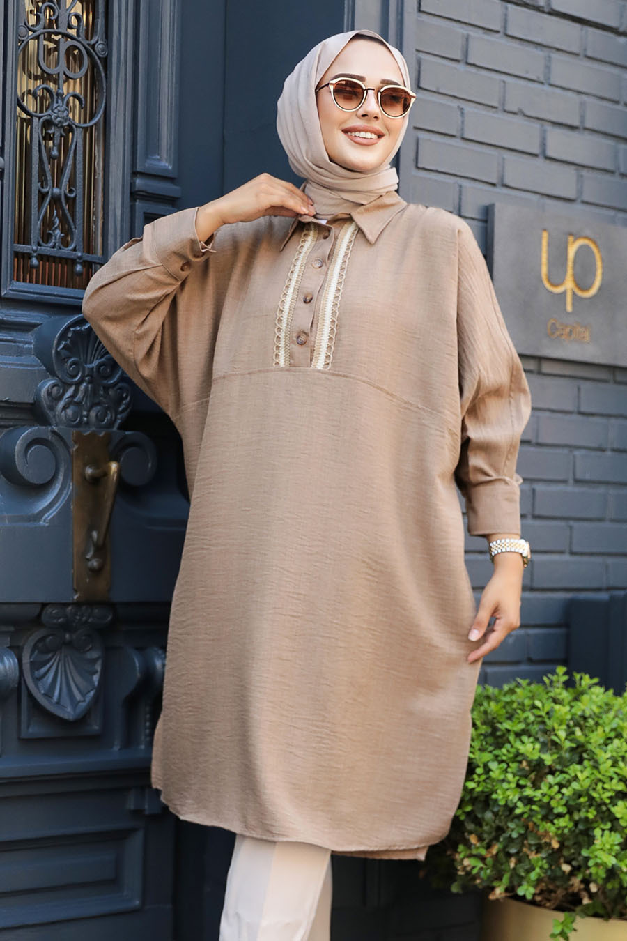 Düğmeli Camel Tesettür Tunik 663c