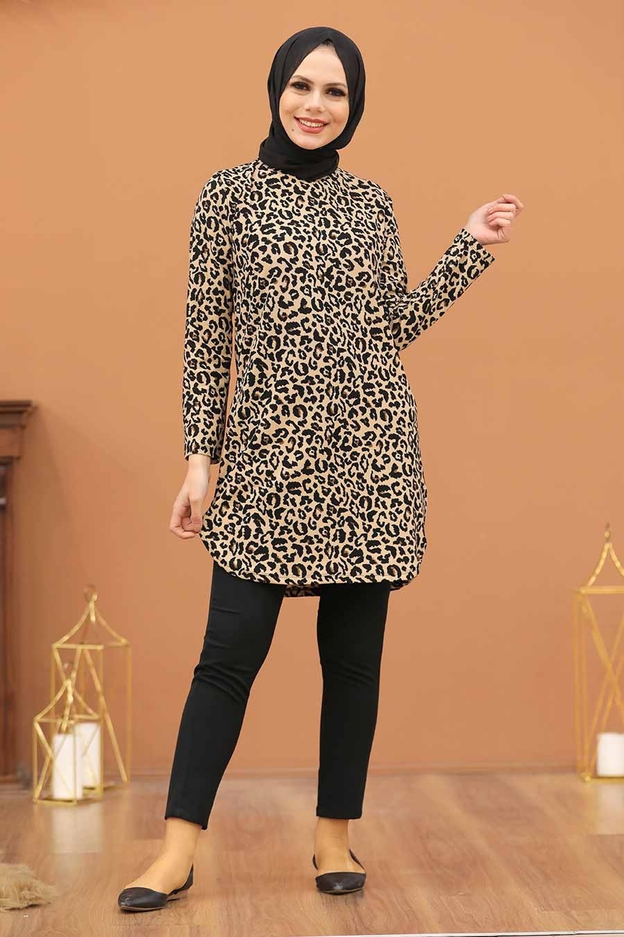 Leopar Desenli Tesettür Tunik 35810lp