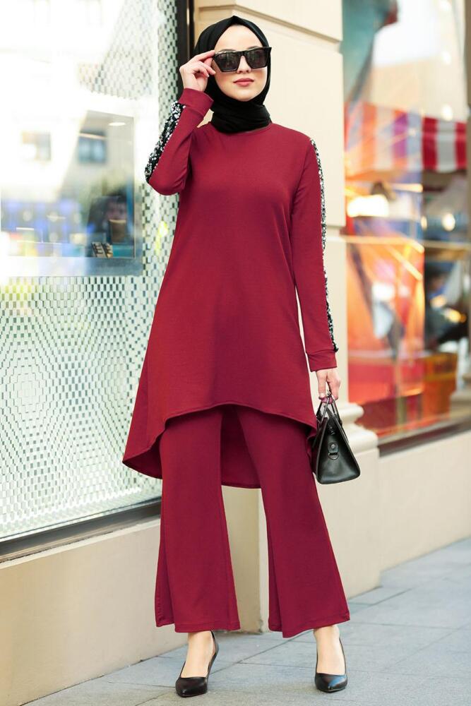 Tunik & Pantolon Bordo Tesettür Takım 22161BR - 1