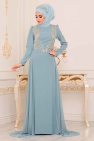 Turqoise - Tesettürlü Abiye Elbise - Robe de Soirée Hijab - 3721TR - Thumbnail