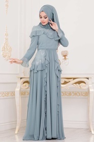 Turqoise -Tesettürlü Abiye Elbise - Robe de Soirée Hijab - 3854TR - Thumbnail