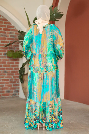 Turquoise Modest Floral Long Dress 18235TR - 3