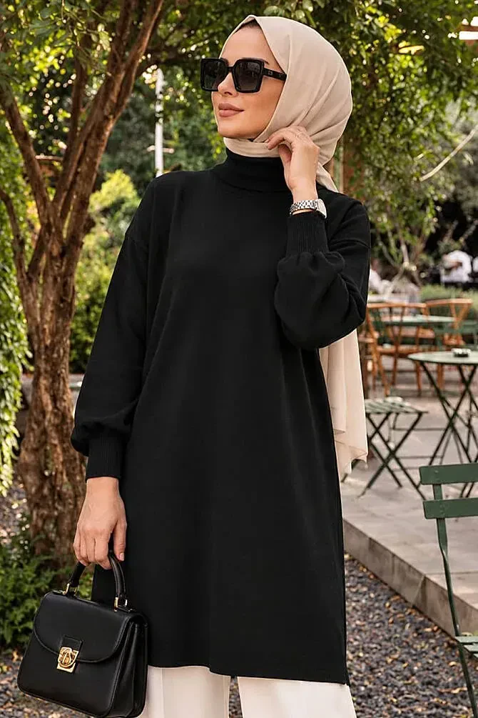 Turtleneck Black Modest Knit Sweater 10381S - 1