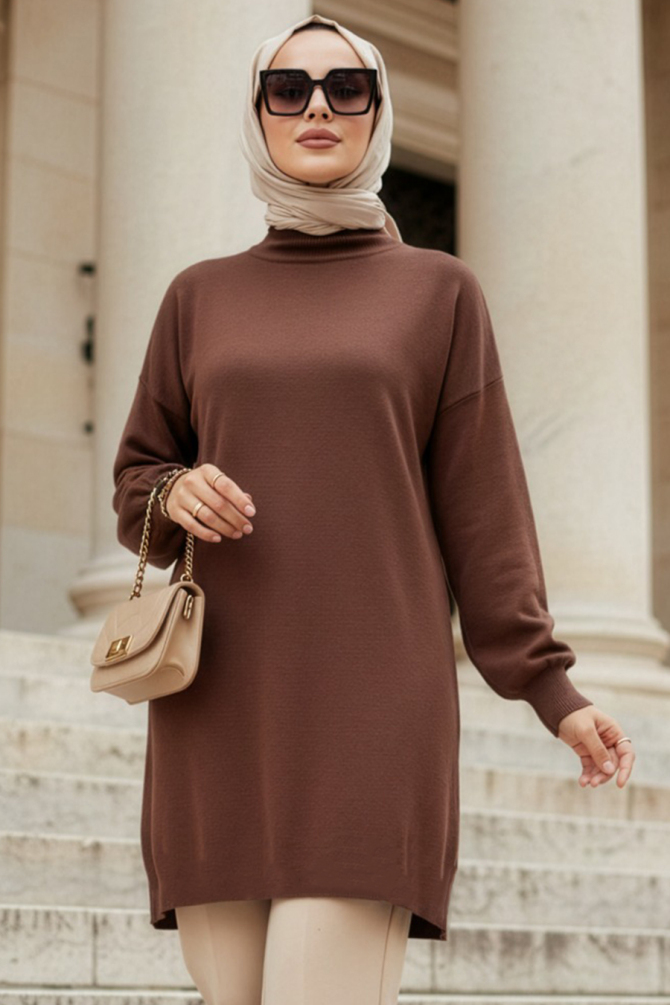 Turtleneck Brown Modest Knit Sweater 10381KH - 1