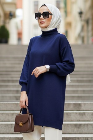 Turtleneck Navy Blue Modest Knit Sweater 10381L 