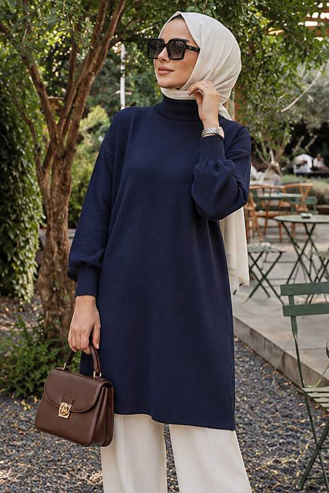 Turtleneck Navy Blue Modest Knit Sweater 10381L - 1