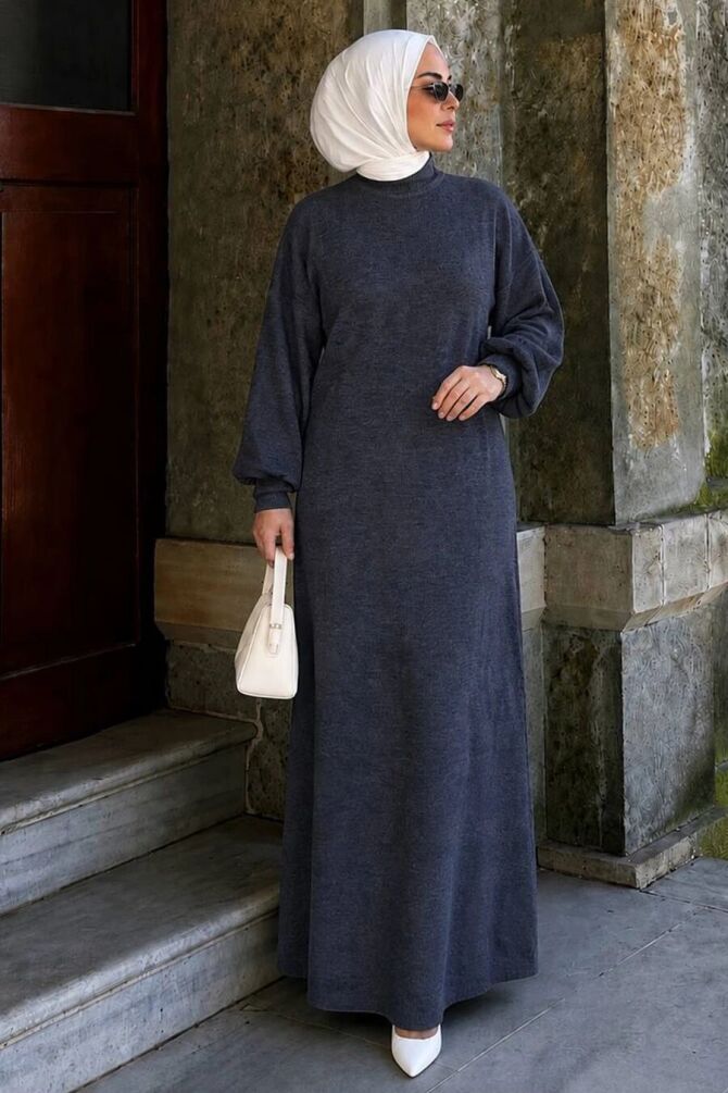 Turtleneck Plain Anthracite Modest Knit Dress 30481ANT - 1